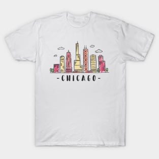 Chicago Illinois Skyline in Colored Hand Drawn Style T-Shirt